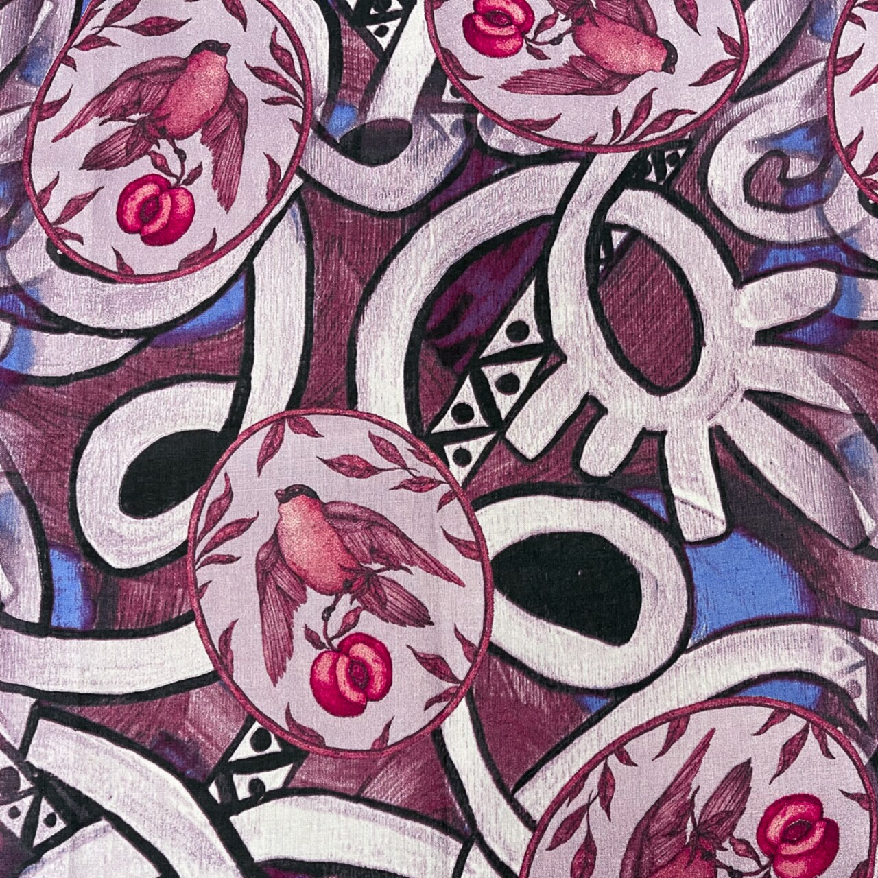 Purple-Blue-Multi Abstract Bird Fruit Pattern Printed Linen Woven Fabric By the Yard